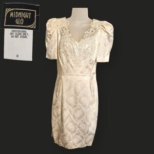 Vintage 80s Midnight Glo Ivory Brocade Pencil Dress Size 8 Lace Puff Sleeve